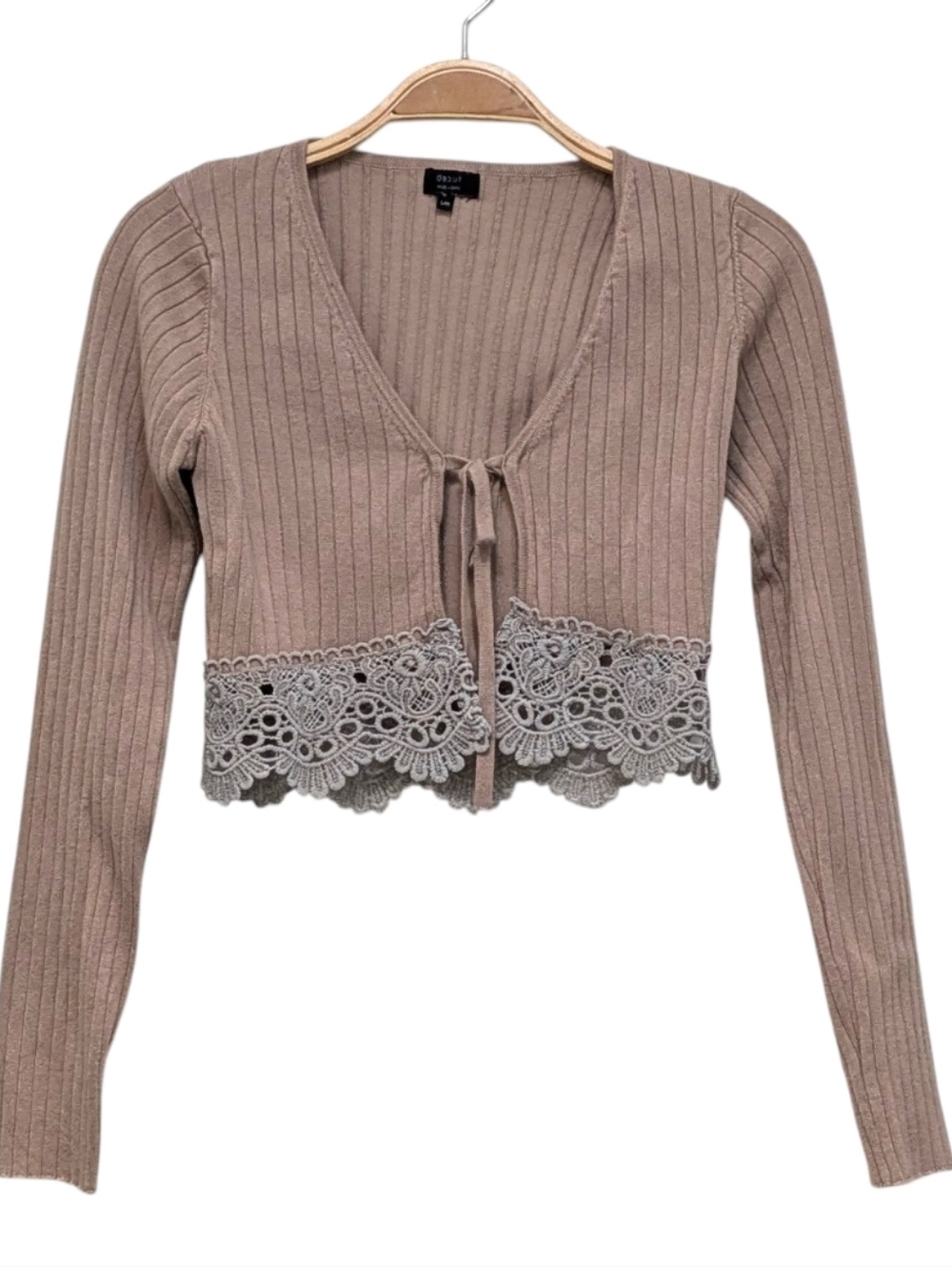 Debut Y2K Lace Trim Tie Front Cropped Festival Taupe Cardigan Small